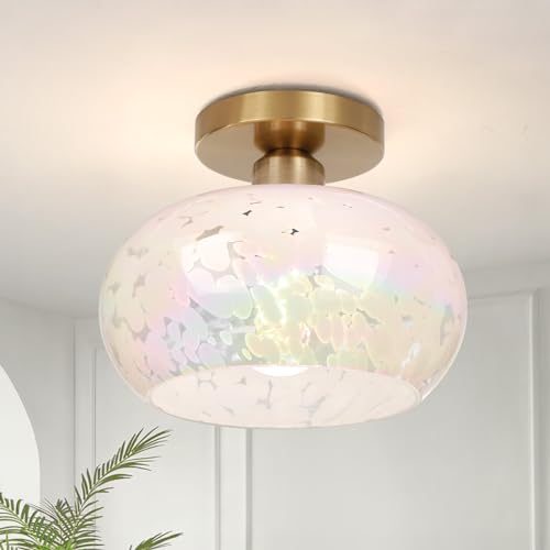 FRIDEKO HOME Glass Ceiling Light - Farmhouse Hallway Lighting Fixtures Ceiling Semi Flush Mount Ceiling Light Fixture for Kitchen Bathroom Entryway Porch (Rainbow-8.66 inch)