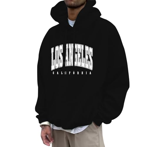 Sudadera con capucha para hombre, informal, con estampado de partes, de manga larga, con cordón ajustable, Negro, S