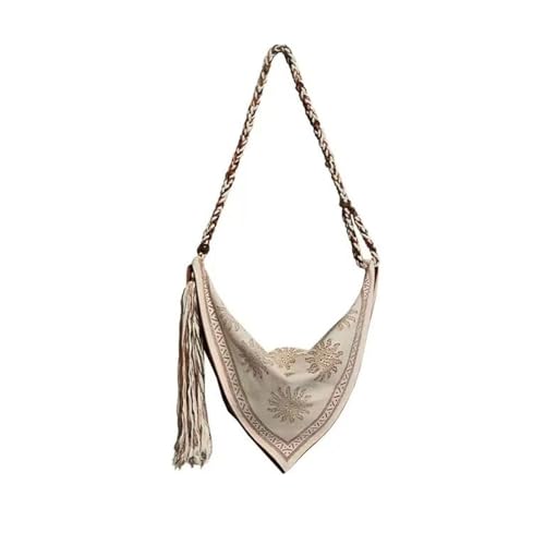 Bohemian Linen Crossbody Bag for Women，Casual Hobo Bags with Flower Patterns/Braided Tassel Shoulder Straps