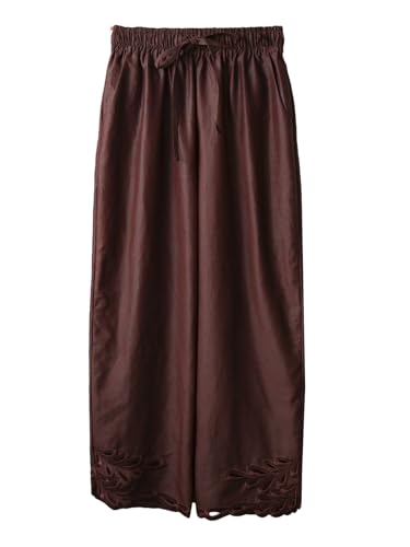Pantalon large en soie femme marron mat 149 avec broderie ajourée fluide de luxe