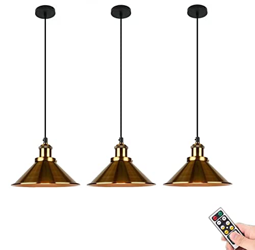 EFDGJZS Lámpara Colgante Industrial con Control Remoto, Juego de 3 lámparas Colgantes de Techo con Pilas, lámpara Ajustable para el hogar, Comedor, Restaurante, Cocina, Isla, Color Dorado