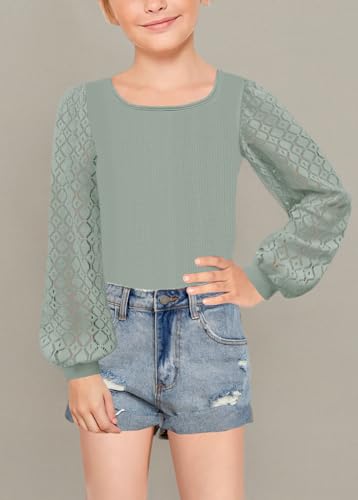 Geckatte Girls Long Sleeve T-Shirts Lace Crewneck Casual Plain Stretchy Ribbed Knit Blouses Tops 5-14 Years3