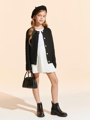 Image of Haloumoning Girls Button Down Cardigan Jackets Kids Long Sleeve Cable Knit Sweaters 5-14 Years Black