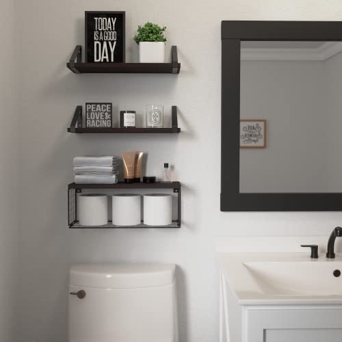 Dollfio Floating Shelves For Bathroom With Basket, Wooden Wall Shelves, Floating Shelves For Wall Décor, Wall Mounted Floating Shelf For Bathroom, Floating Shelf For Wall, Living Room–Rustic Brown #TOP4