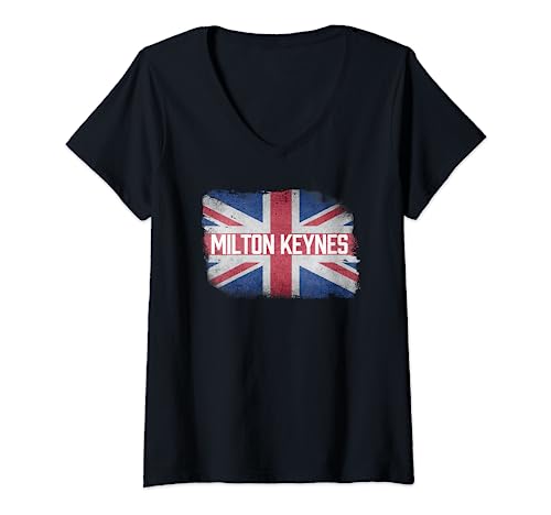 Mujer Milton Keynes | Reino Unido Bandera Británica Vintage Souvenir Camiseta Cuello V