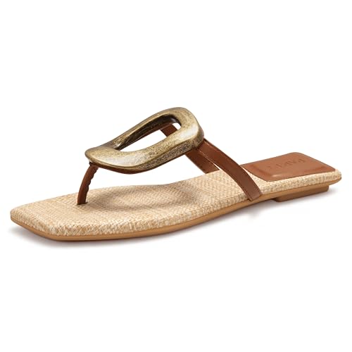 Image of PARTY Square Toe Flip Flops Women,Fashion Designer Thong Sandals with Gold Buckle Trendy Summer Comfort Flat Sandals