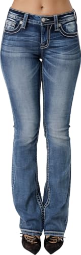 Miss Me Women's Mid-Rise Bootcut Jeans, Metallic Stardust Swirls Flag, Stretch Denim