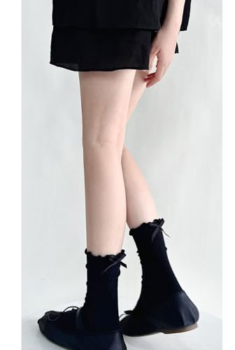 Image of Womens Bow Socks Ruffle Casual Crew Black Whitte Soft Breathable Cotton 4 Pairs Socks
