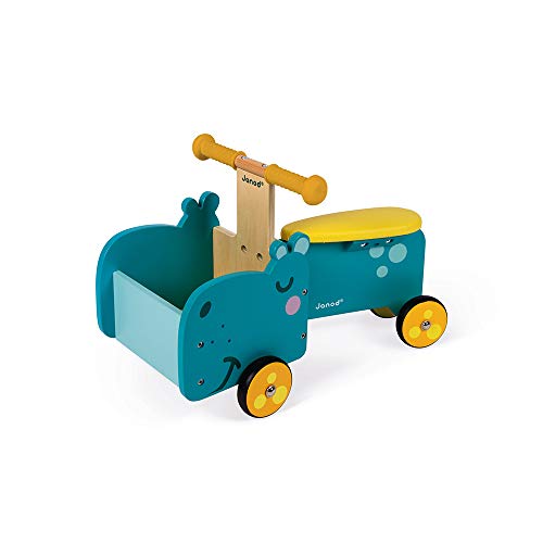 Janod - Hippopotamus Wooden Ride-On for Children - Ergonomic Handles and Silent Wheels - Storage Compartment - Learning Balance - For children from the Age of 1, J08003, Blue and Yellow