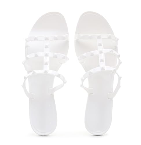 Image of Women Flats Sandals, Studded Jelly Shoes Size 9 Red Dressy Summer Beach Rivets Strappy Jellies Slide Slip On Open Toes