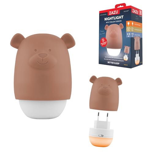 ZAZU Benny Nachtlicht für Kinder mit Dämmerungssensor – Wiederaufladbar | Automatisch Ein/Aus | Weiß & Orange Licht | Tragbar & Steckdose | Akku bis 70h | Reise-Modus | Baby Nachtlampe (Brown)
