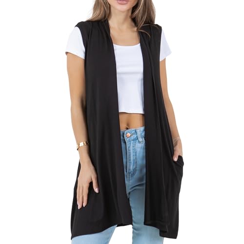 Image of Azules Sleeveless Long Cardigan for Women with Pockets - Lightweight Open Front, Flowy Dressy Layer for Work or Casual Wear