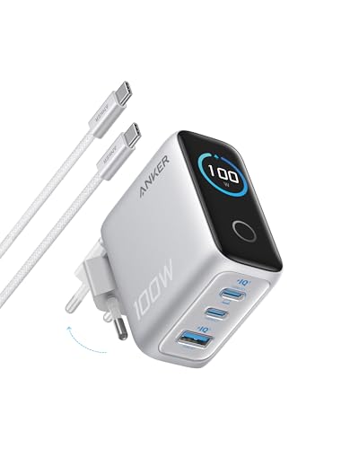 Anker 100W USB C Ladegerät, kompaktes 3-Port GaN Wandladegerät, Smart Display, Touch-Steuerung, Für MacBook, iPad, iPhone 17/16/15 Serie (USB-C Kabel inklusive)