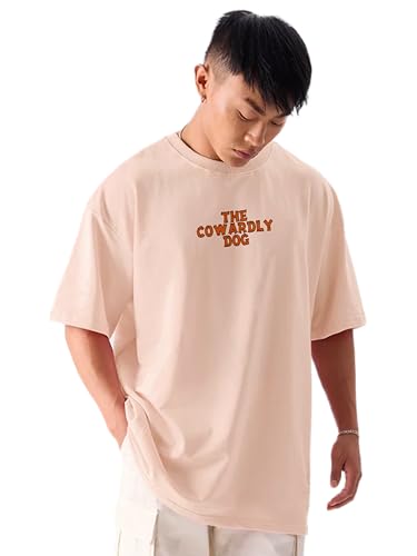 Image of Darkbuck Oversized Tshirt for Men and Women Drop Shoulder Loose Baggy Fit Peach Unisex Pure Cotton T-Shirt Courage The Cowardly Dog