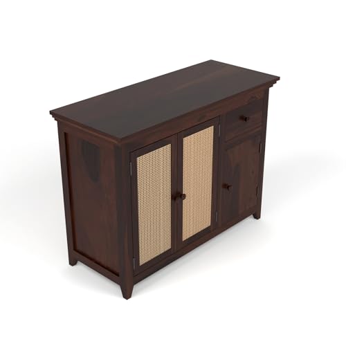 Image of PS DECOR Solid Sheesham Wood Sideboard Cabinet with Rattan Cane Doors & Storage Drawer | Multipurpose Storage Unit for Living Room & Dining Area (B-Walnut Finish)