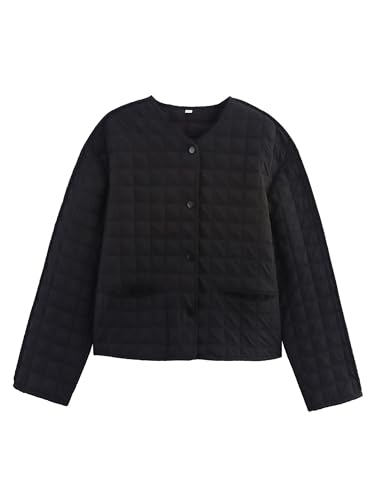Bozanly Women's Lightweight Quilted Puffer Jackets Casual Collarless Long Sleeve Button Down Coat Outerwear