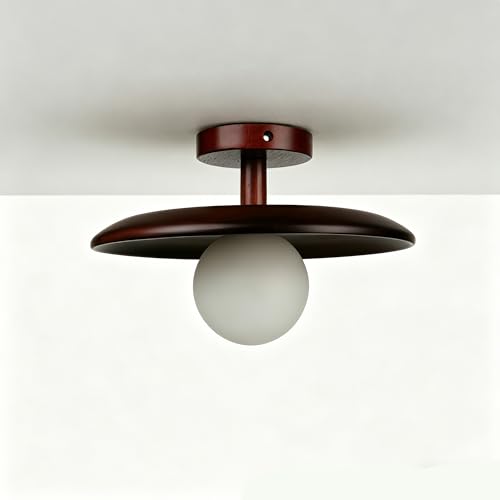 Chrasy Lámpara de Techo Empotrada Superficial con Pantalla Combinada de Madera y Cristal, Instalación Fija, Iluminación Difusa Decorativa para Porche, Pasillo, Salón y Dormitorio (Madera de Nogal)