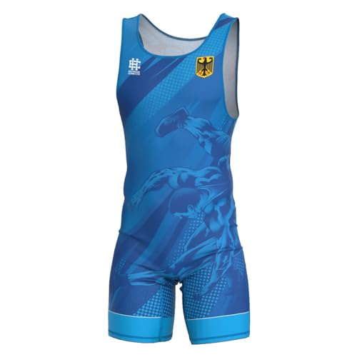Extreme Hobby Canottiera da Lotta da Uomo della Nazionale Tedesca – Body da Wrestling Professionale, Abbigliamento da Lotta, Singlet da Uomo, Colore: Blu, Taglia: L