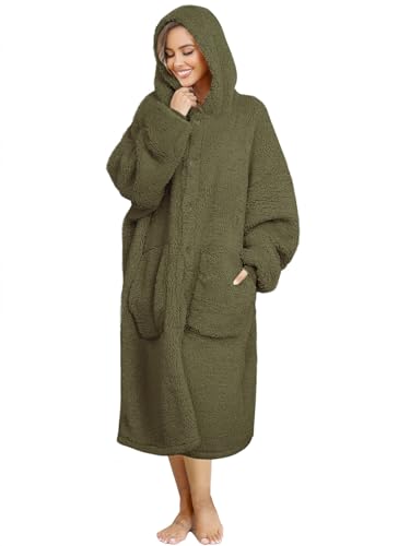 ililmmoe Plush Hoodie Blanket for Women and Men Super Warm and Cozy Big Wearable Blanket Hoodies Homewear Thick Loose Plush Coats (Olive)