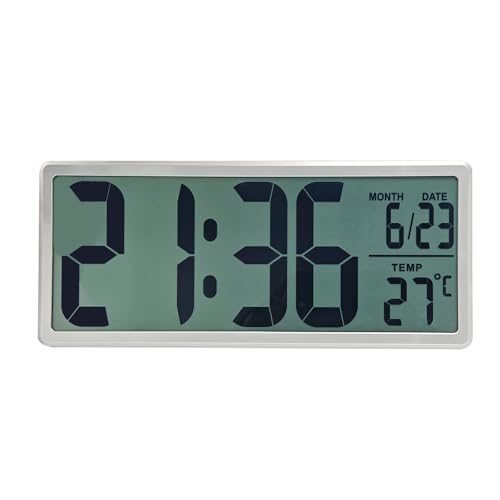 Large Digital Wall Clock with Temperature Date Display Alarm Battery Operated 12/24 Hour Format 38cm/15 LCD Screen Silver Indoor Clock for Home or Office