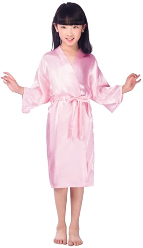 Girls Kid's Silky Satin Kimono Robes for Wedding Spa Birthday Party Gifts Solid Color Bathrobe
