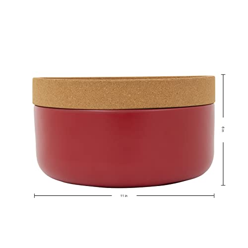 Image of Ceramic and Cork Large Breathable Produce Bowl with Lid to Naturally Extends Produce Freshness, Natural Cork and Red Ceramic