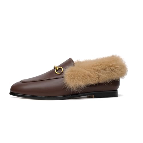 Image of Vertundy Brown Loafers Fur Loafers for Women Low Heel Flats Loafers