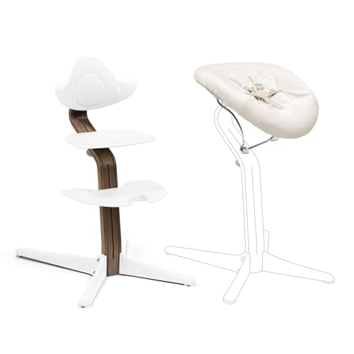 Stokke Nomi Silla (Walnut/White) + Newborn Set (White Grey Sand) - Incluye un Arnés de Seguridad de Cinco Puntos y Un Set de Tela Reversible y Lavable - Soporta hasta 150 kg
