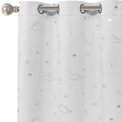 LORDTEX Dinosaur and Star Foil Print Blackout Curtains for Kids Room - Thermal Insulated Curtains Noise Reducing Window Drapes for Boys and Girls Bedroom, 42 x 84 Inch, White, Set of 2 Panels