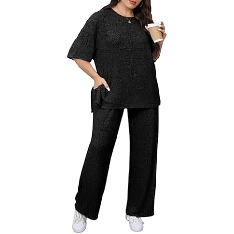 Beautife Womens Plus Size Lounge Sets Short Sleeve Tops and Wide Leg Pants Airport Travel 2 Piece Outfits Tracksuit Black Cover
