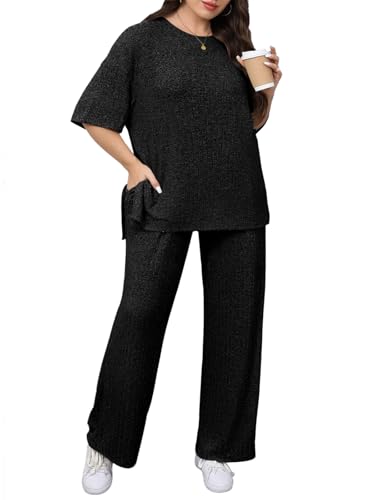 Image of Beautife Womens Plus Size 2 Piece Lounge Sets Ribbed Short Sleeve Tops and Wide Leg Pants Set Travel Airport Outfits