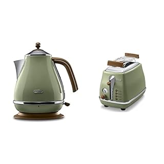 De'Longhi Toaster Icona Vintage CTOV2103.GR - 2-Schlitz-Toaster mit Brötchenaufsatz, grün & De'Longhi Wasserkocher Icona Vintage KBOV2001.GR - 1,7 l mit Wasserstandsanzeige und 360° Basis, grün