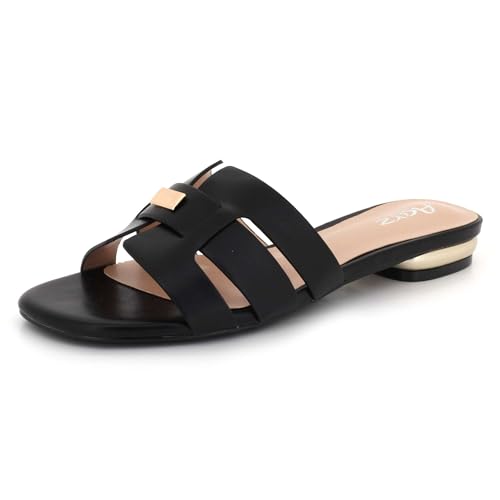AARZ LONDON Womens Slip-On Flat Sliders Open Toe Sandals Buckle Detail Casual Summer Holiday Everyday Flat Comfort Ladies Black Shoes Size 5 UK 38 EU