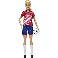 Barbie – Barbie Calciatrice Bambola, capelli biondi raccolti in una coda, divisa colorata con n. 9, pallone da calcio, scarpe con tacchetti, calzettoni, Giocattolo per Bambini 3+ Anni, HCN17
