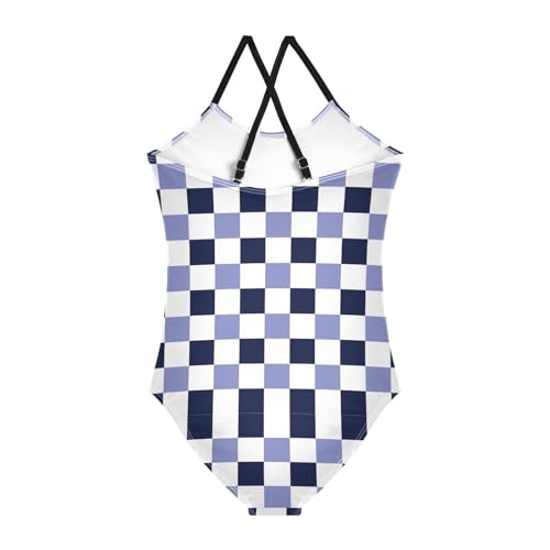 Image of Black and White Chess Girls One Piece Swimsuits Board Marble Tile Sport Halter Swimwear Beach Bathing Suit 3T