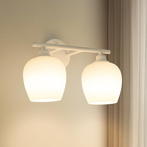 Image of ONEWISH Bathroom Light Fixtures - Modern Wall Sconces 2 Light, Wall Lamp for Vanity Light Over Mirror, Opal Glass Globe Lamp for Bedroom, Living Room, Hallway, Kitchen, Soft Lighting E26 Socket White