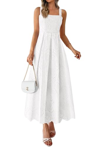 PRETTYGARDEN Womens Sleeveless Maxi Summer Dresses 2026 Hollow Out Eyelet Square Neck Ruffle Flowy Beach Vacation Sundress (White Medium)