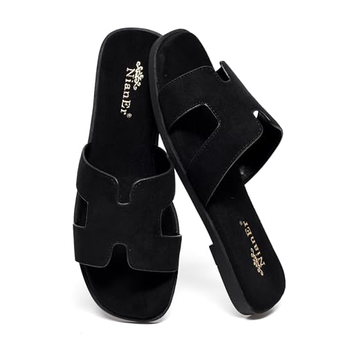 Image of NianEr Womens Microfiber Leather Memory Foam H Sandals Summer Shoes Slides | Flat, Comfortable, Slip On, Dressy, Dress, Beach, Vacation, Designer, Comfy, Casual, Bridal, Church, Boho, Office, Work