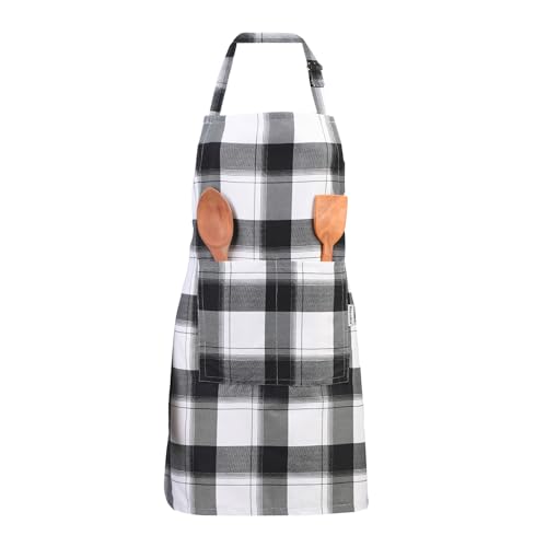 Image of Cotton Kitchen Apron Pack of 2, Checkered Cooking Apron for Women & Home Cooks, Adjustable Strap, Large Pockets, Black and White