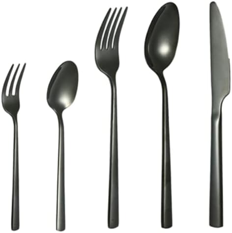 MINISO Juego de cubiertos negros, juego de cubiertos de acero inoxidable de 20 piezas, acabado satinado, juego de cubiertos de vajilla, utensilios