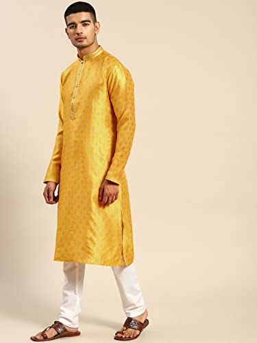 Image of Rajubhai Hargovindas Men's Silk Kurta With Ethnic Motifs Work Woven Design