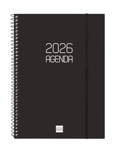 Finocam - Agenda Espiral 2026 Semana Vista Horizontal | Enero - Diciembre (12 meses) | Agenda Anual 2026 con goma | Tapa de polipropileno Espiral Opaque - Negro - Español