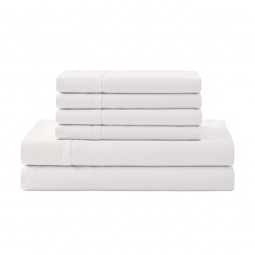 Linen Home 6 Piece Queen Cotton Sheet Set, 100% Cotton Percale, 4 Pillowcases, Deep Pocket with All Around Elastic Sheet, Crisp Breathable Bedding, Hotel Luxury, Long-Staple Combed Cotton, White