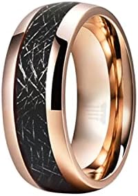 Mens Meteorite Ring 18K Rose Gold Wedding Band Black Meteorite Tungsten Rings for Men 8mm Durable Engagement Gifts for Women