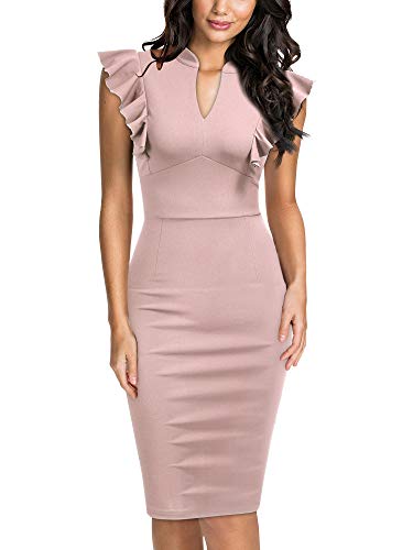 Image of Knitee Women's Vintage Ruffle Sleeve V-Neck Bodycon Evening Party Cocktail Pencil Sheath Dress