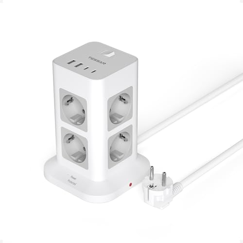 TESSAN Torre Regleta Enchufes con 2 USB A 2 USB C，2M Extension Cord，Gray