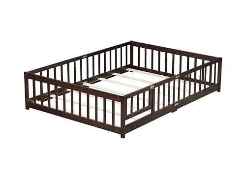 PVWIIK Full Size Floor Bed with Fence and Door,Rubber Wood Floor Bed w/Safety Guardrails/Near The Ground,Easy to Assemble & No Box Spring Needed, Espresso