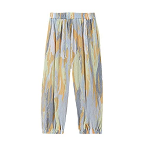 Calça harém de algodão macio com estampa de seda gelada, solta, fina, para meninos e meninas, Amarel