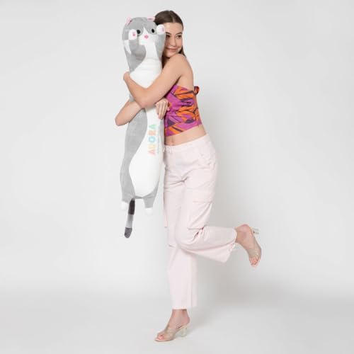 Image of ADORA Plush Cartoon Kitty -100cm Grey Sleeping Hugging Pillow, Cuddly Soft Long Cat Body Pillow for Girls Kids
