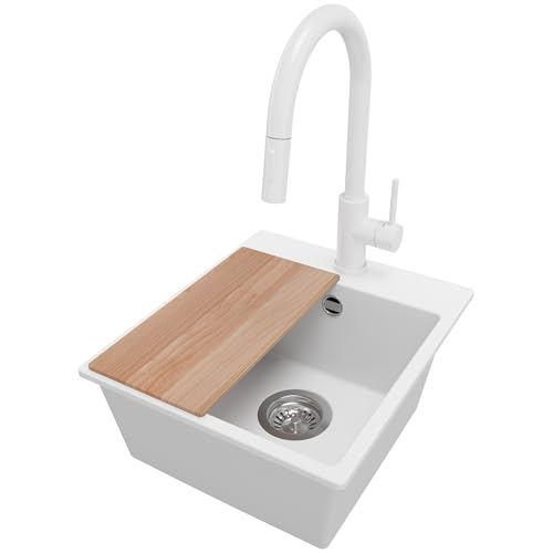 PRIMAGRAN Fregadero Granito Blanco 38x44cm, Fregadero Cocina 1 Seno + Sifón + Grifo 40x20cm + Tabla de cortar, Fregadero sobre encimera al mueble 40cm - Riga Easy